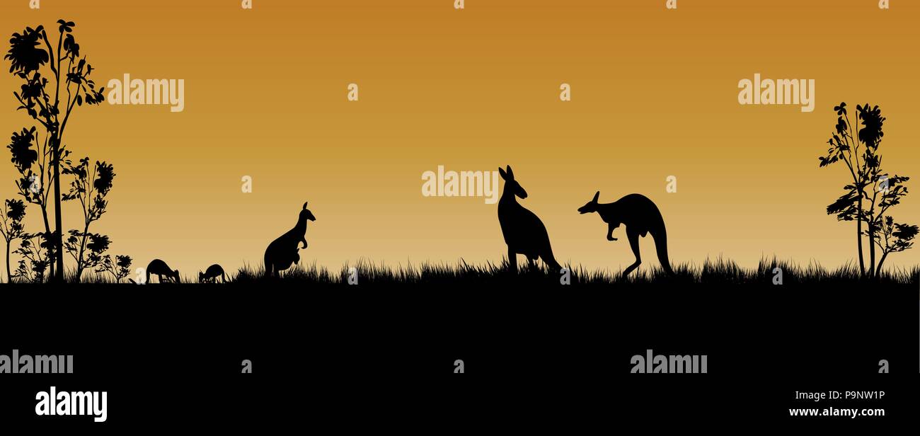 Kängurus und Bäume als Silhouette im Australischen Sonnenuntergang Stock Vektor