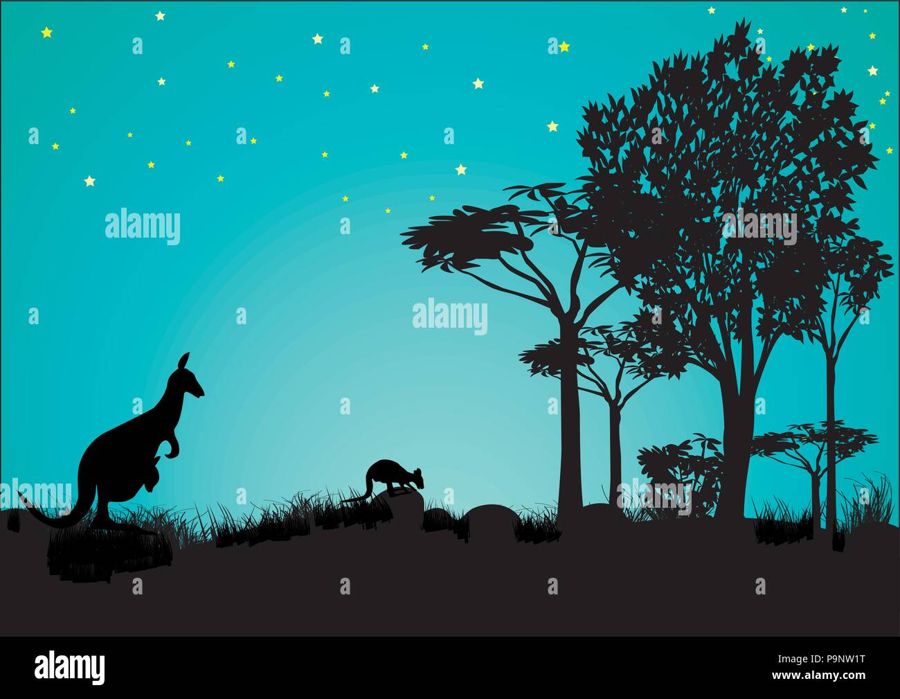 Silhouette von Kangaroo mit blauem Himmel und Sterne in Australien Stock Vektor