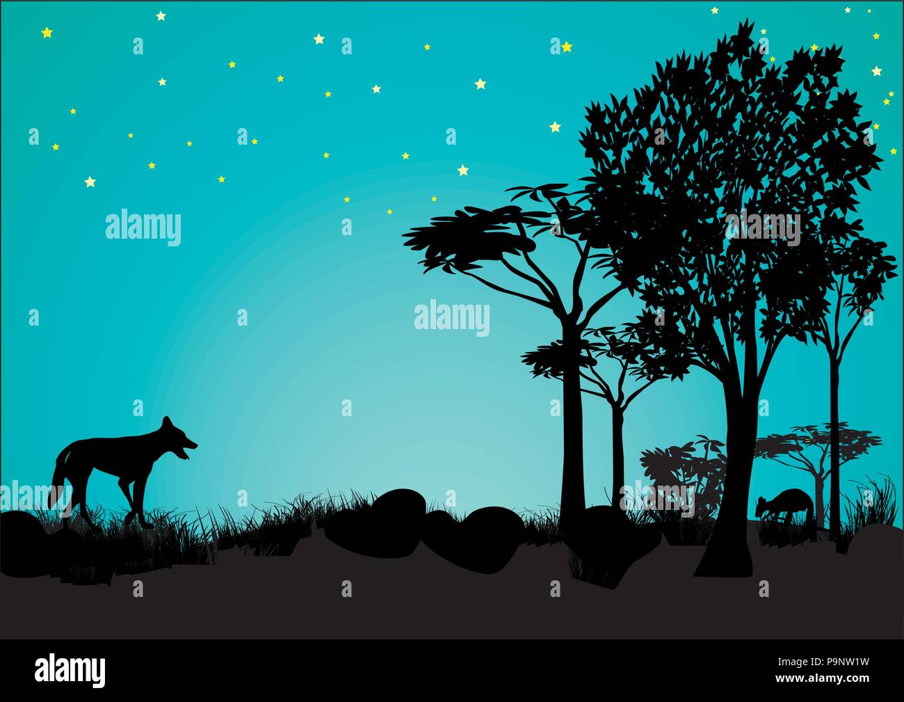 Silhouette von Dingo und Känguruh mit blauem Himmel und Sterne in Australien Stock Vektor