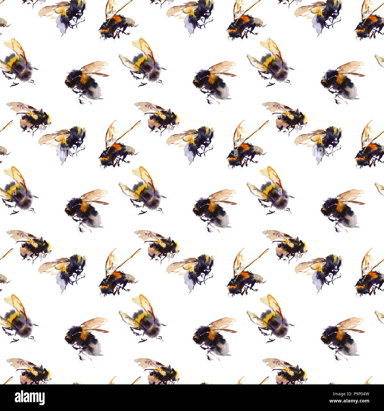 Aquarell Bienen nahtlose Muster auf weißem Hintergrund. Hand gezeichnet Aquarell Abbildung Stockfoto