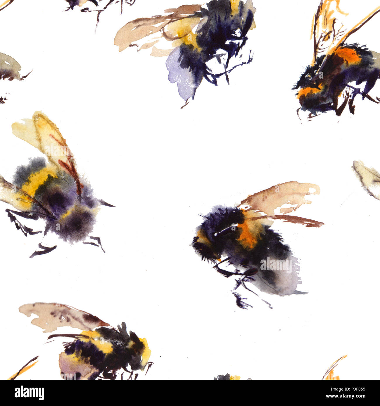 Aquarell Bienen nahtlose Muster auf weißem Hintergrund. Hand gezeichnet Aquarell Abbildung Stockfoto