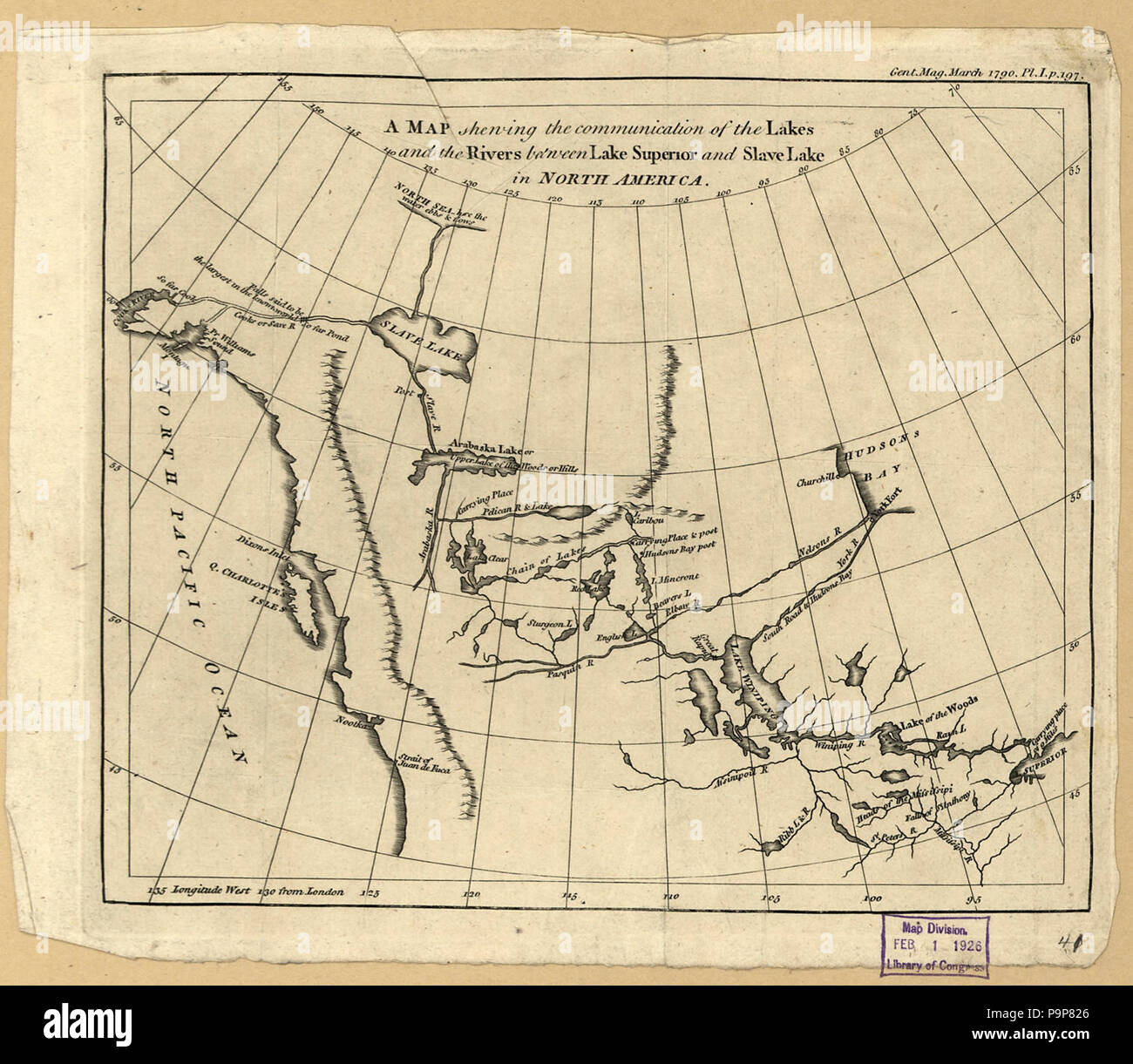 Eine Karte erzeige in der Mitteilung auf die Seen und die Flüsse zwischen Lake Superior und Slave Lake in Nordamerika. Stockfoto