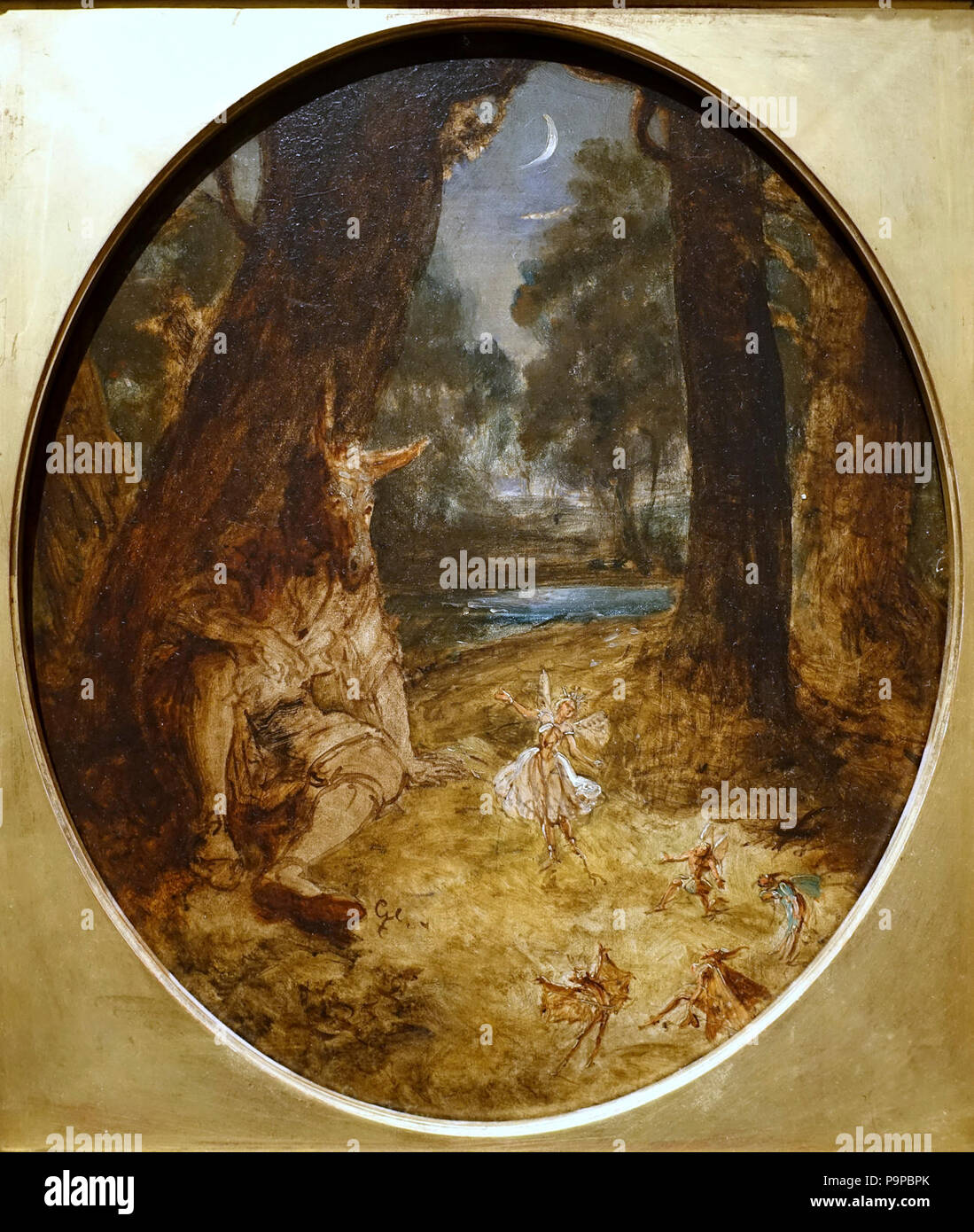 Ein Sommernachtstraum, unten die Weberin und Titania, von George Cruickshank, Britischen, C. 1845, Öl auf Pappe - Stockfoto