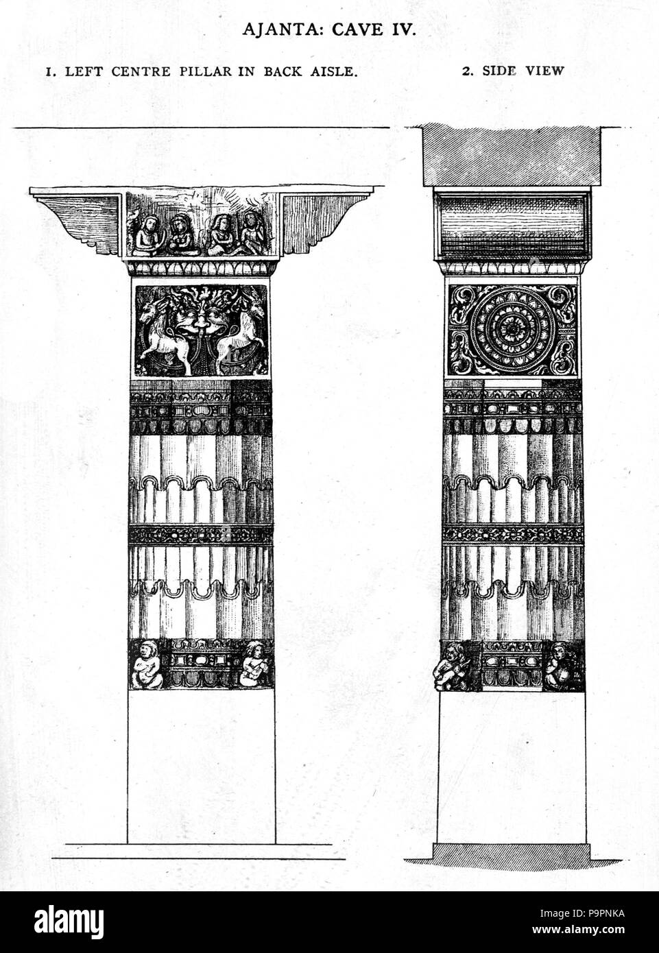 107 Ajanta Höhle 4, Säulen dekoriert Stockfoto