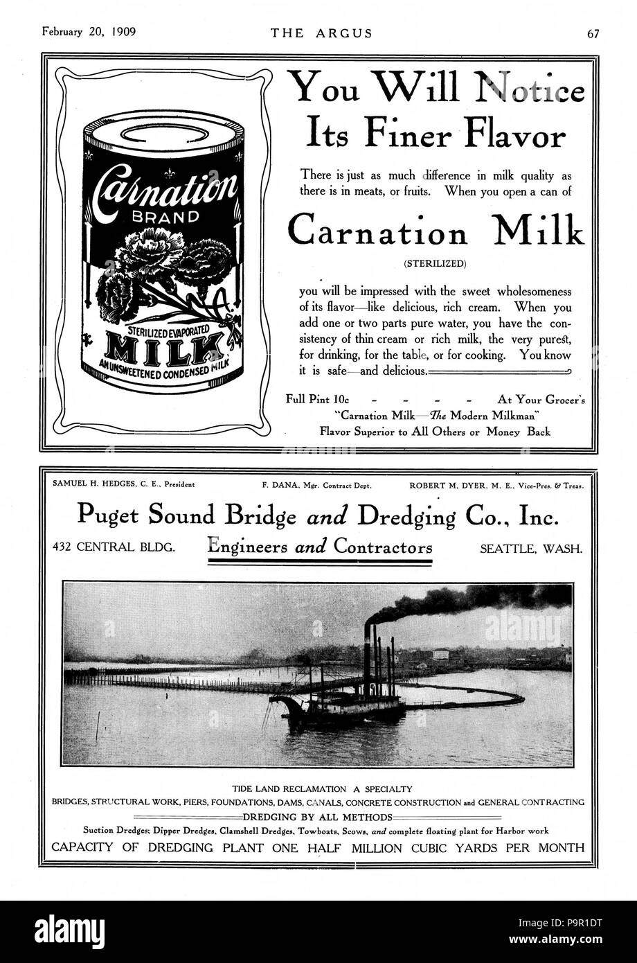 . Aus den Materialien für die Alaska-Yukon-Pazifik Ausstellung von 1909, in Seattle statt. 2 Werbung, sowohl dargestellt: eine für Carnation Milch, und die andere für den Puget Sound Bridge und Dredging Co.Ausgabe vom 1909-02-20. Bilder 1909 oder früher 151 Argus-A.Y.P. Ed - Seite 67 Stockfoto