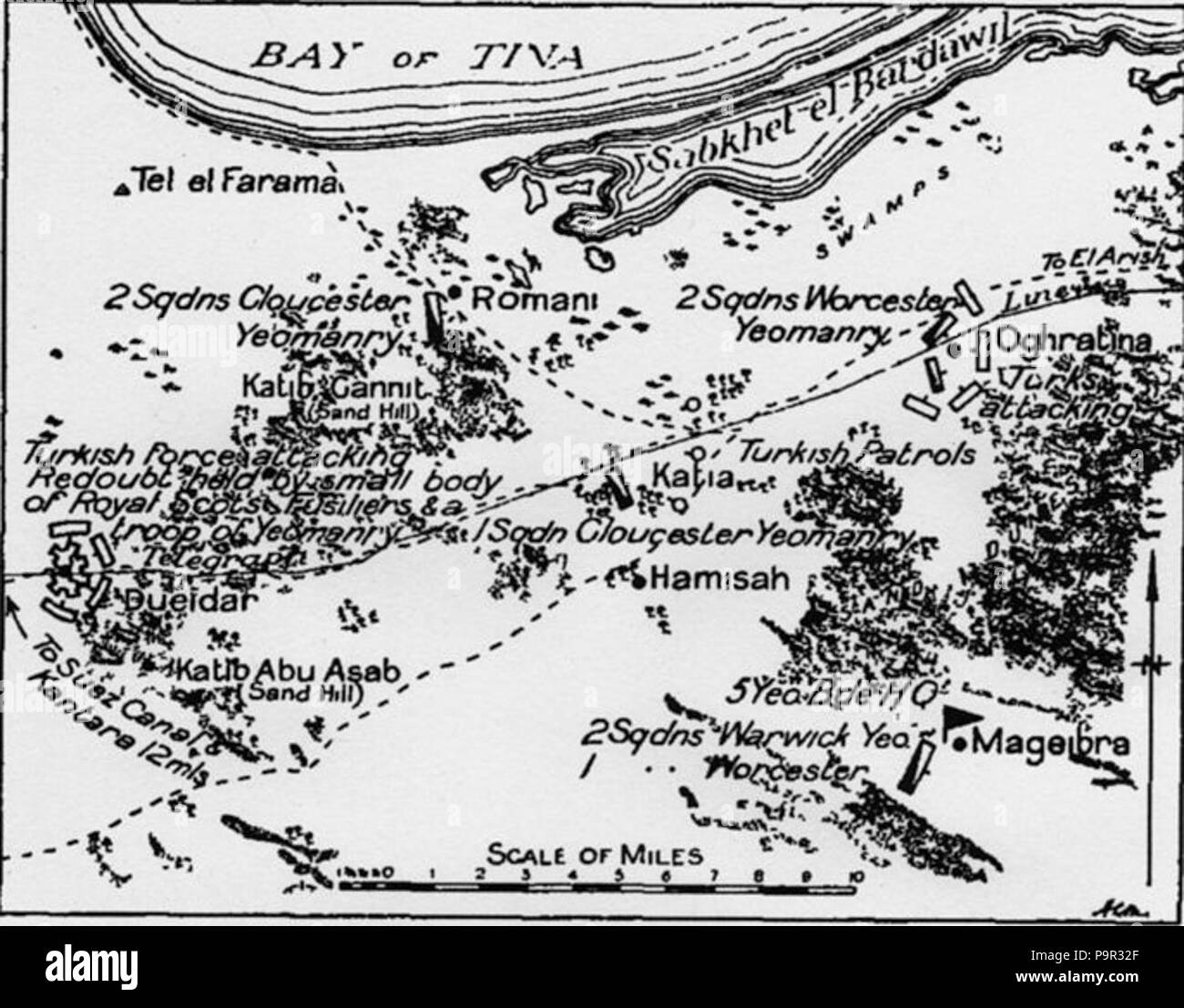 . Karte der Kämpfe um Katia, im Sinai, am 23. April 1916. Die Karte zeigt die Lage der 5 Yeomanry Brigade und der türkischen Angriffs, die um 05:30 Uhr. Ursprünglich 1923 veröffentlicht, später Edition 1941 188 Schlacht von Katia Karte (Gullett p83 veröffentlicht) Stockfoto