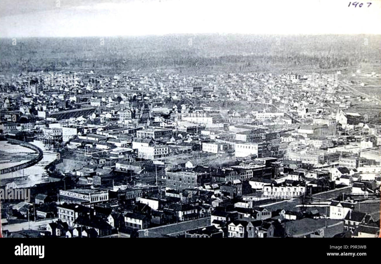 . Deutsch: Schwarz und Weiß vor - Bettwäsche Postkarte zeigt ein Luftbild von Bellingham, Washington. : * Die Rückseite der Postkarte lautet: "Kein Schreiben erlaubt, außer den Absendern und wurde von Bay City, Michigan am 26. Juli 1907. ca. 1907 194 Bellingham, WA 1907 abgestempelt wurden. Stockfoto