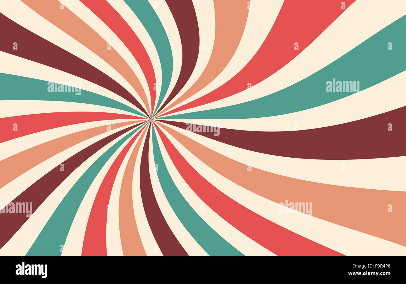 Retro starburst oder sunburst Hintergrund vector Pattern mit einem Vintage Farbpalette von Burgund rot rosa Pfirsich teal Blau und Beige Weiß in einer Spirale oder Stockfoto