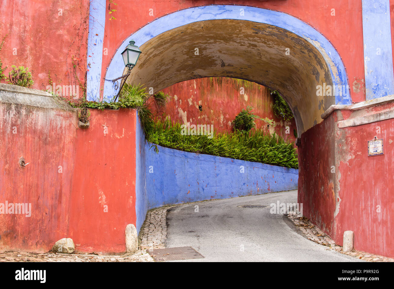 Rote und blaue Haus auf der anderen Straßenseite, Colares, Portugal Stockfoto