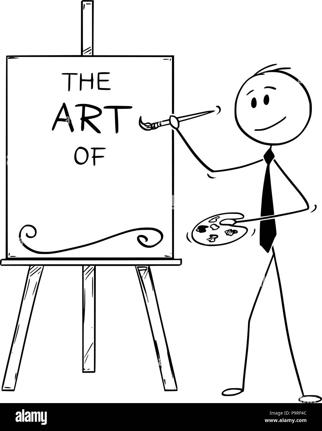 Cartoon von Geschäftsmann Artist mit Pinsel und Palette und die Kunst der Text auf Leinwand. Sind Sie bereit, Ihre Text hinzufügen Stock Vektor