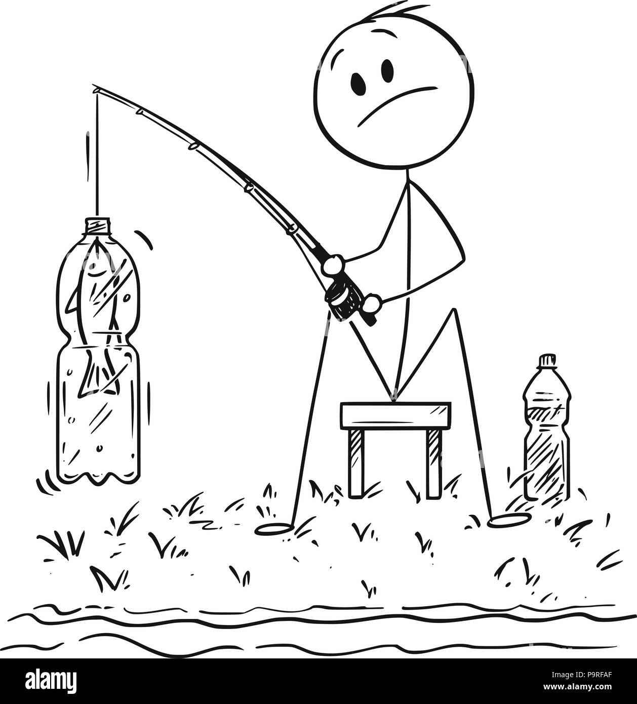 Cartoon von Mann oder Angler Angeln am Fluss oder See fängt einen Fisch in Kunststoffflasche Stock Vektor