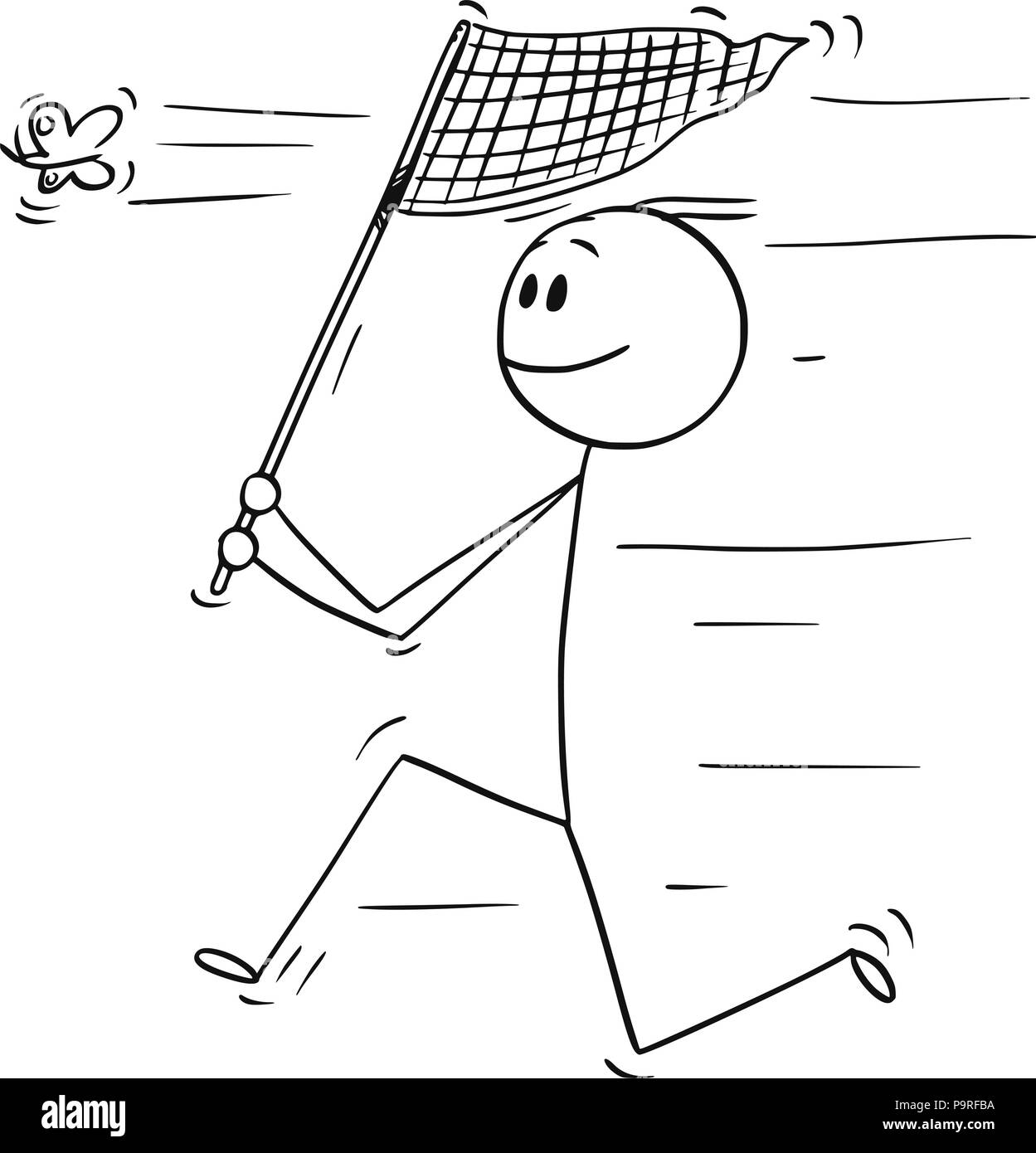 Cartoon von Mann mit Net einen Schmetterling fangen Stock Vektor