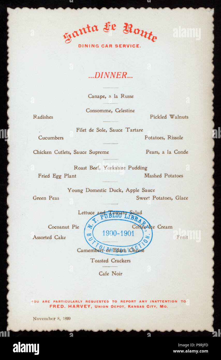 562 Abendessen (Besitz) SANTA FE ROUTE DINING CAR SERVICE (at) EN ROUTE (RR ;) (NYPL Hades -271860-468020) Stockfoto