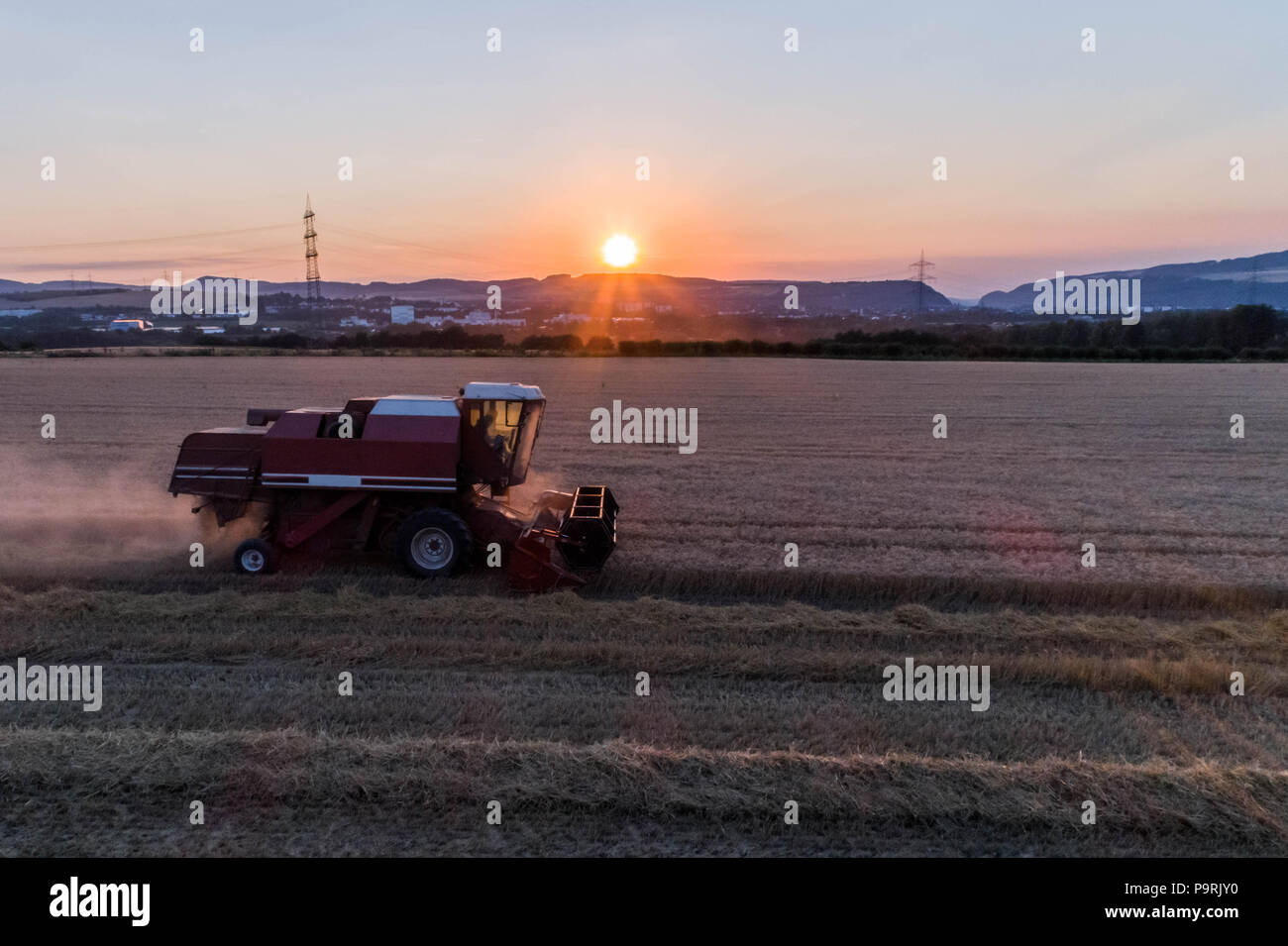 Luftaufnahme von einem Mähdrescher ernten ein Hafer Ernte bei Sonnenuntergang Stockfoto