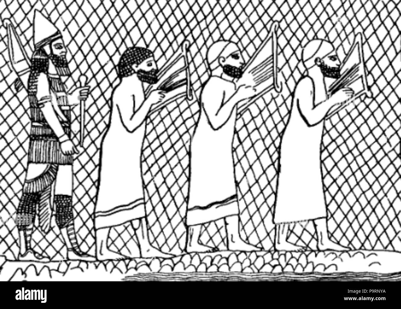 263 C + B-Music-Fig 16-AssyrianCaptivesPlayingLyre Stockfoto