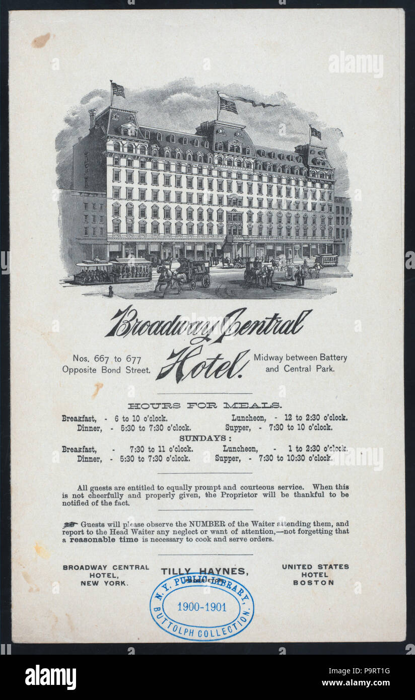 233 Frühstück (von) BROADWAY CENTRAL HOTEL (at) "NEW YORK, NEW YORK" (HOTEL gehalten ;) (NYPL Hades -272170-475138) Stockfoto