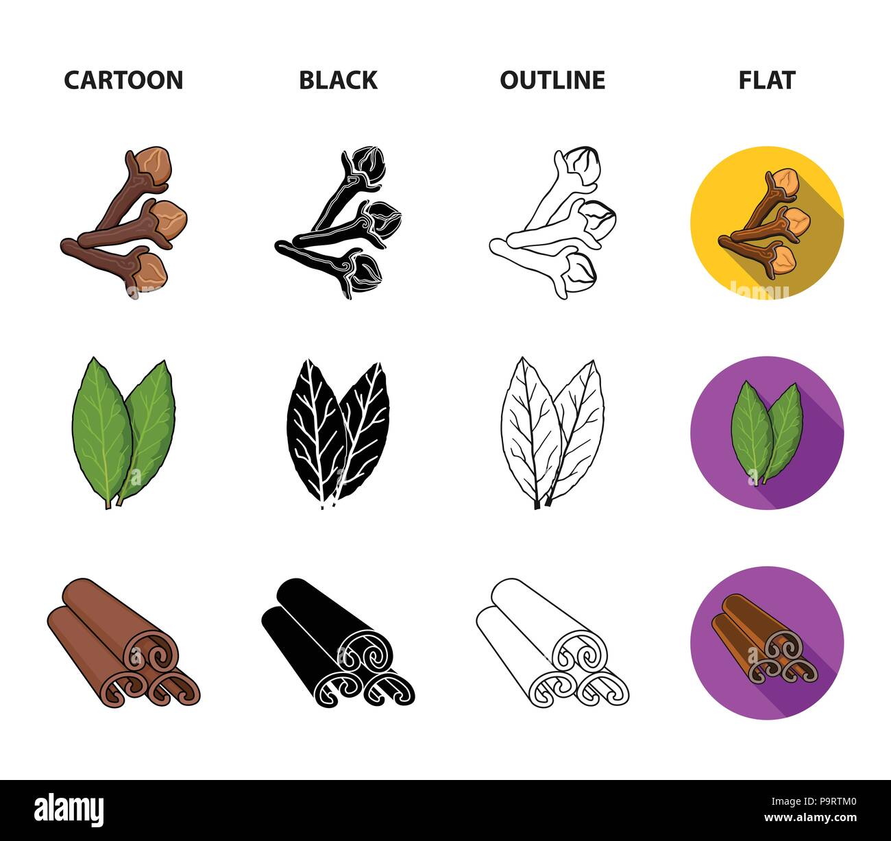 Nelken, Lorbeer, Muskatnuss, Zimt. Kräuter und Gewürze set Sammlung Icons im Cartoon, schwarz, Outline, flacher Stil vektor Symbol lieferbar Abbildung: Flach. Stock Vektor