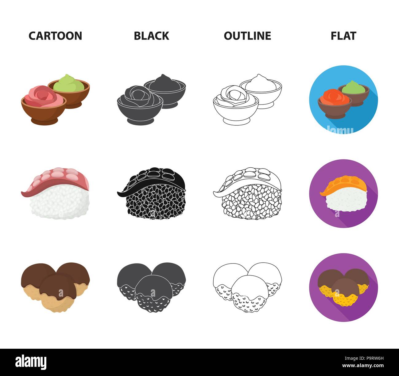 Sauce Wasabi Und Ingwer Lachssteak Octopus Sushi Set Sammlung Icons Im Cartoon Schwarz Outline Flacher Stil Vektor Symbol Lieferbar Abbildung Stock Vektorgrafik Alamy