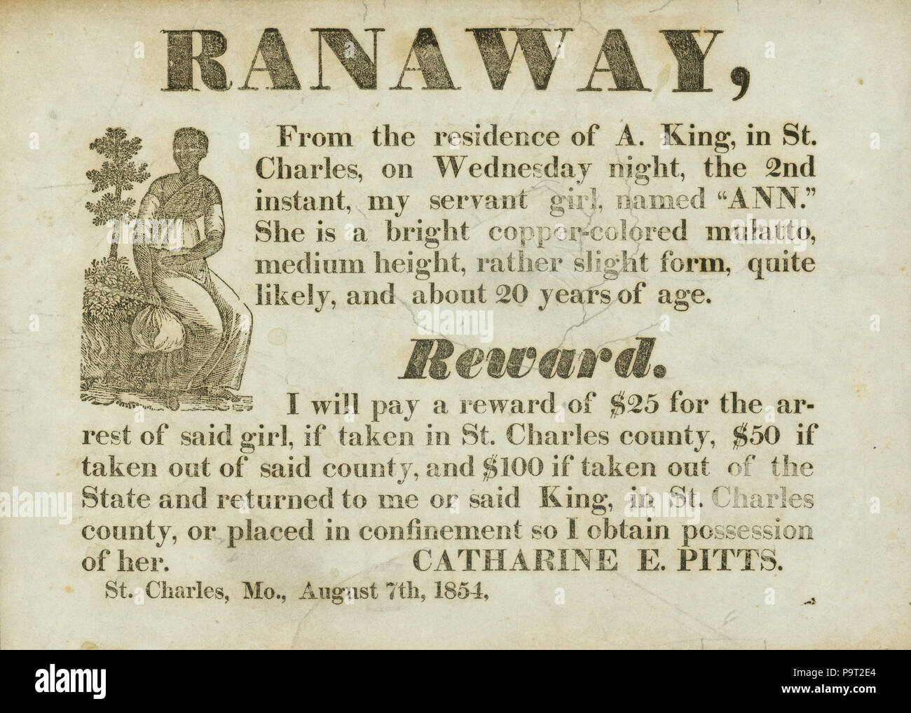 249 Breitseite Werbung bezüglich eines entlaufenen Sklaven, 7. August 1854 Stockfoto