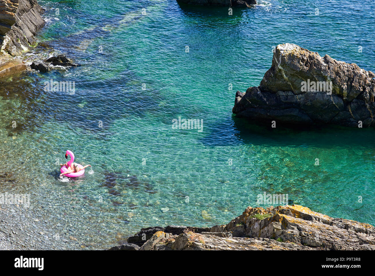 Eine Frau baden in einem blow up Flamingo bei Port Jack in Douglas, Isle of Man Stockfoto