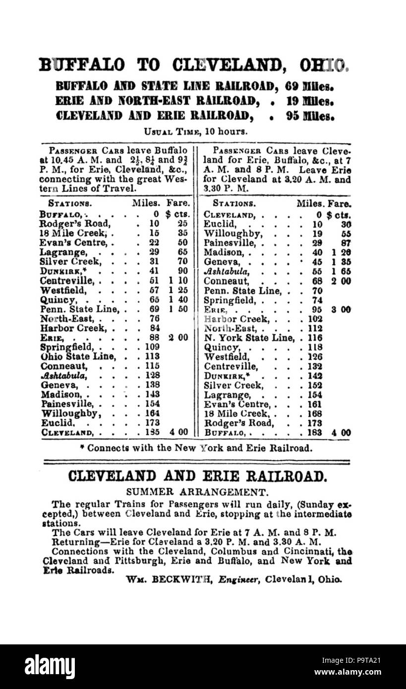 323 Cleveland und Erie Railroad Zeitplan 1853 Stockfoto