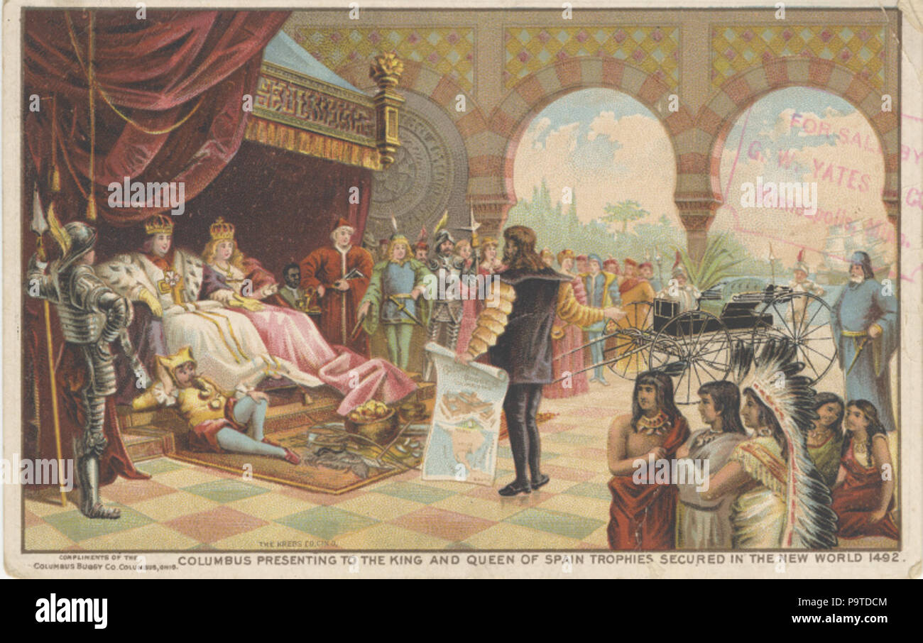 . Englisch: Persistente URL: Digital.lib.muohio.edu/u?/tradecards,254 betrifft (TGM): Könige und Königinnen; Herrscher; Forscher; Karren & Wagen, Kutschen & Trainer, ethnische Gruppen, ethnische Stereotypen; Indianer in Mittelamerika; Indianer Nordamerikas; Indianer in Südamerika; indigene Völker; historische Ereignisse; Stichworte: Christopher Columbus König Ferdinand Königin Isabella Spanien neue Welt Anachronismen. ca. 1900 339 Columbus Buggy Company (3092722585) Stockfoto