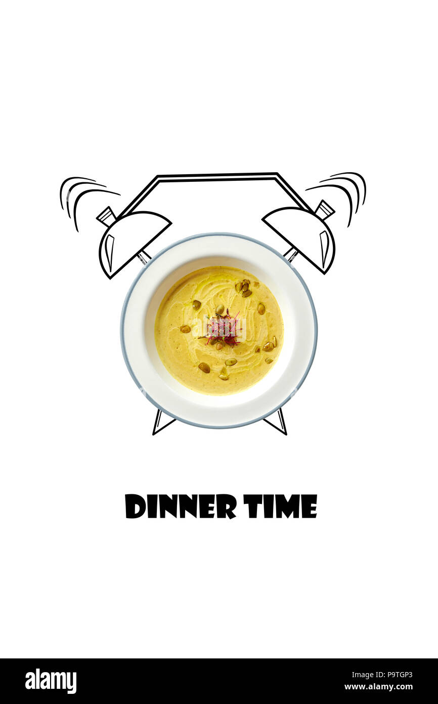 Weiße Schüssel mit Suppe und Wecker Hand gezeichnet Abbildung auf weißem Hintergrund. Die Inschrift Abendessen Zeit. Kreatives Design für Menü, Ca Stockfoto