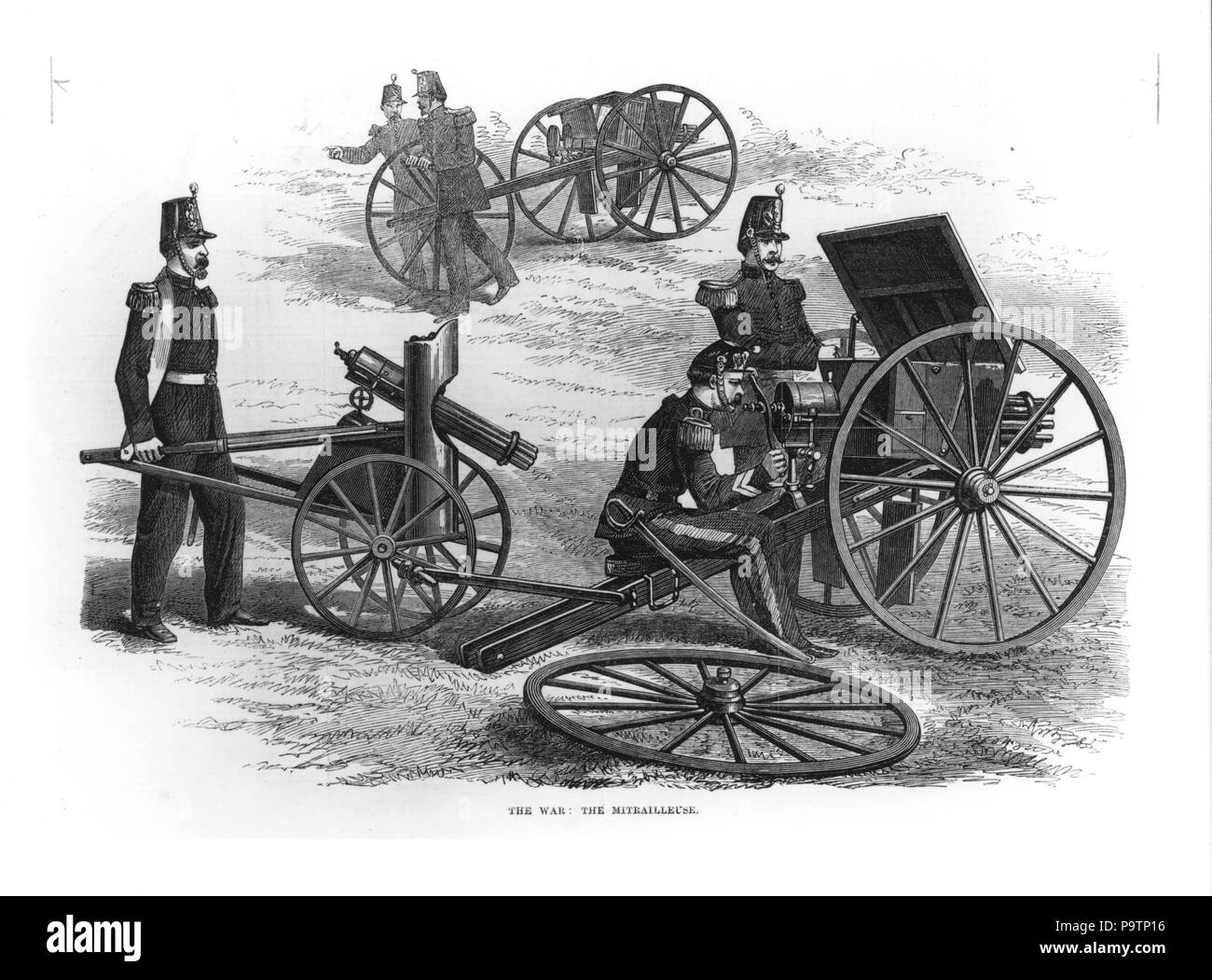 Gravur mit dem Titel "der Krieg. Die Mitrailleuse zeigt französische Truppen mit einem Maschinengewehr während des Deutsch-Französischen Krieges. Aus Den Illustrated London News. Vol. 57 (13. August 1870) Stockfoto