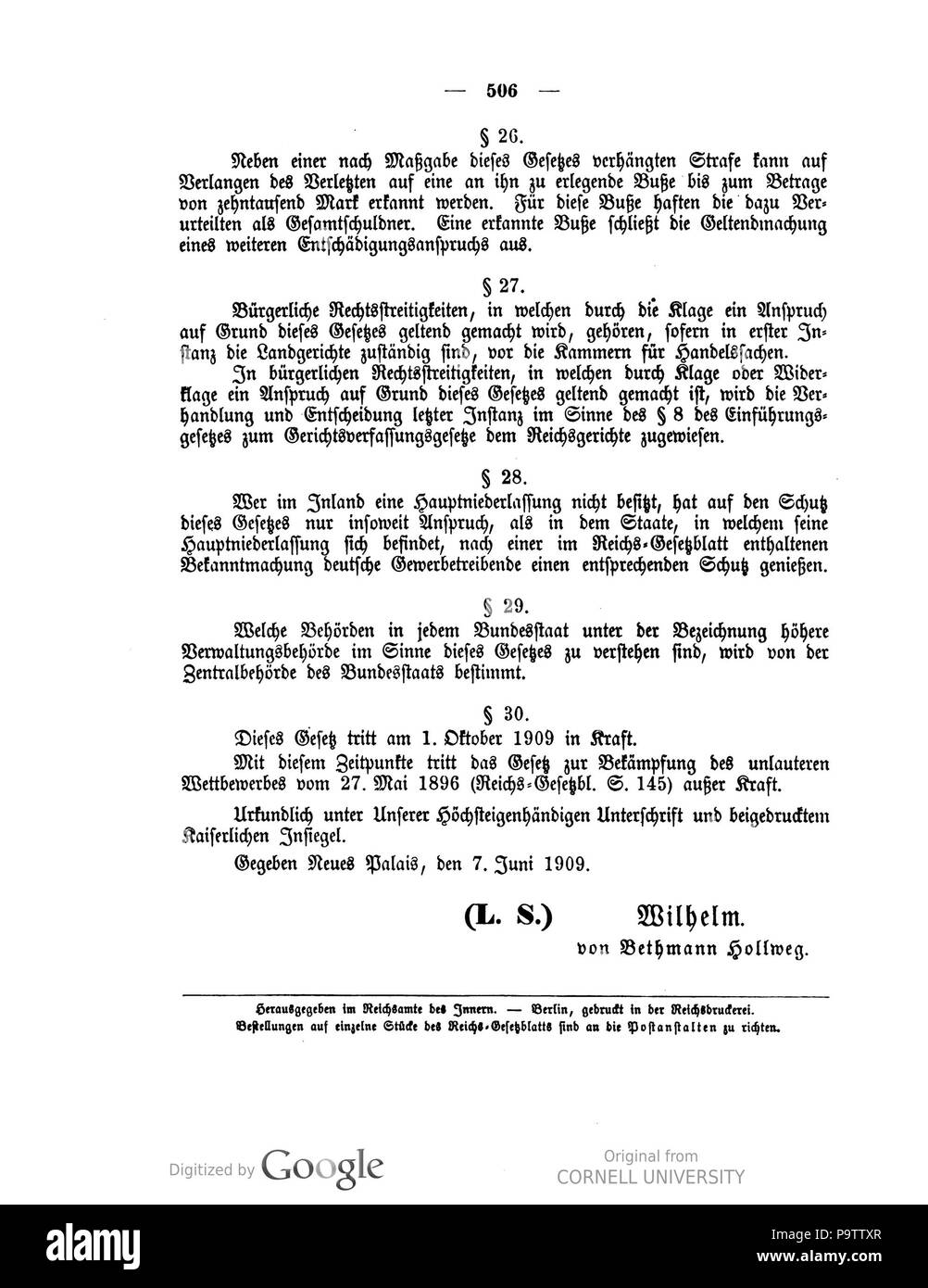 432 Deutsches Reichsgesetzblatt 1909 031 0506 Stockfoto