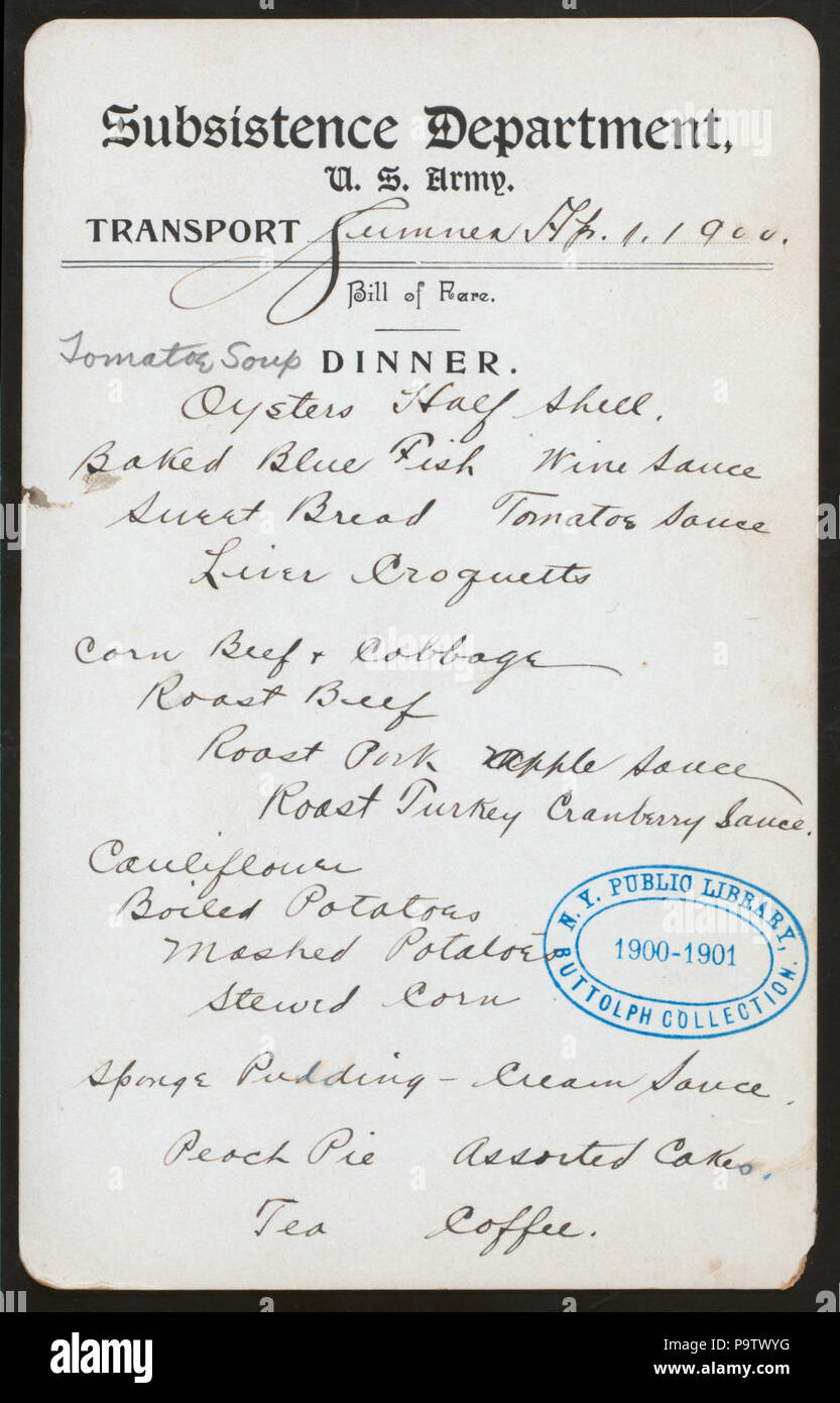567 Abendessen (Besitz) US ARMY - AUFENTHALTSKOSTEN DEPT. (At) Verkehr () (NYPL Hades -273380-466795) Stockfoto