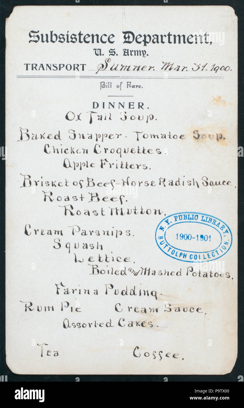 567 Abendessen (Besitz) US ARMY - AUFENTHALTSKOSTEN DEPT. (At) Verkehr () (NYPL Hades -273367-466782) Stockfoto