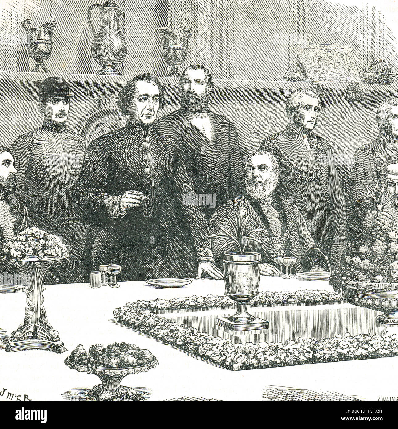 Lord Beaconsfield (Benjamin Disraeli) am Mahl des Herrn Bürgermeister in Guildhall, London, 9. November 1876. Eine Rede über die britischen Interessen, inmitten Berichte über Gräueltaten in Bulgarien, und Osmanischen Reiches Aufstände Stockfoto