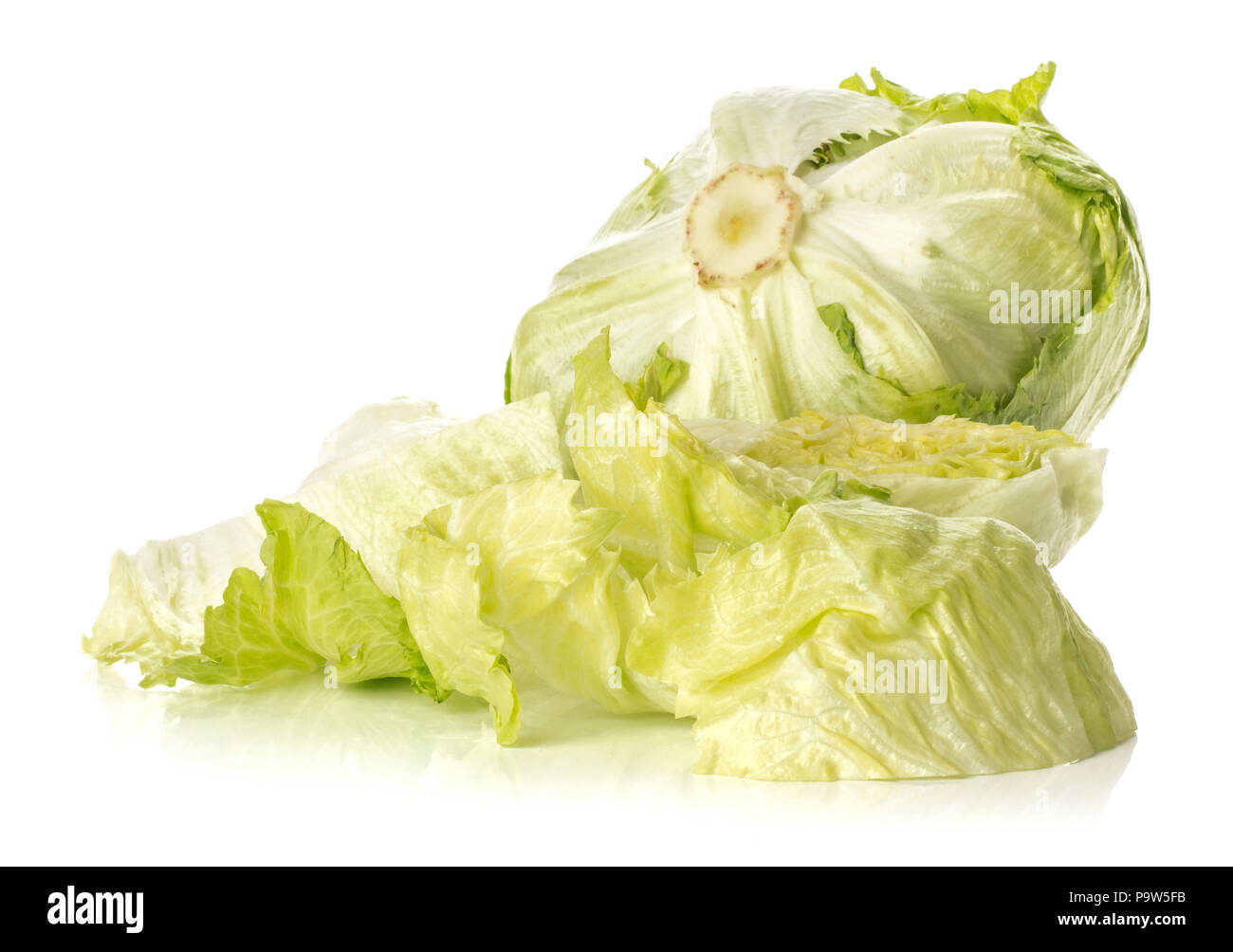 Eisbergsalat einen frischen Kohl Kopf und zerrissenen Blätter auf weißem Hintergrund eine Menge grüner Salat Blätter Stockfoto