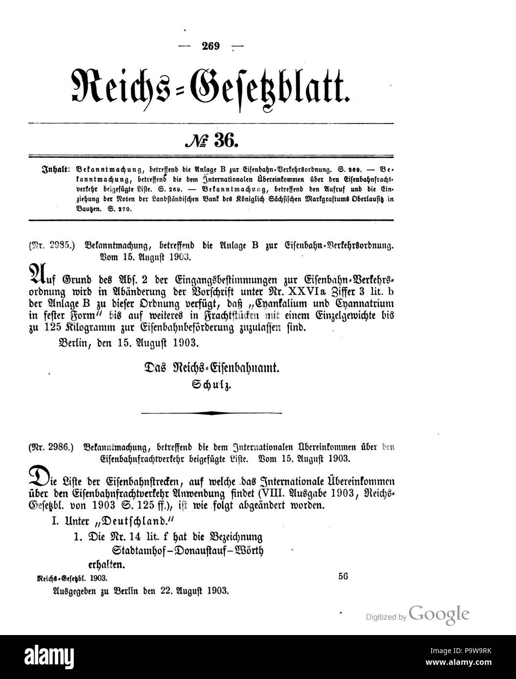 409 Deutsches Reichsgesetzblatt 1903 036 269 Stockfoto