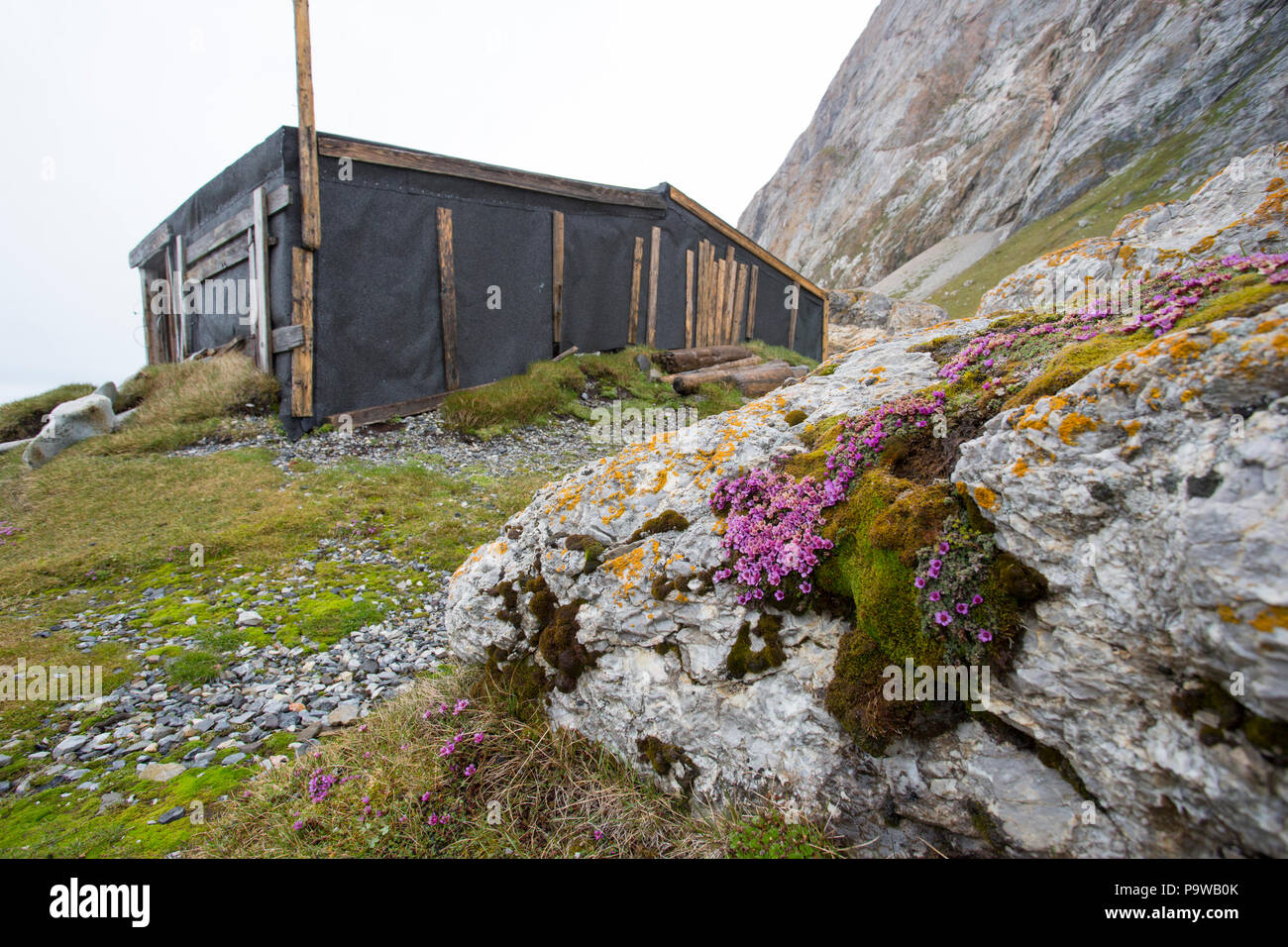 Arktis, Svalbard, Spitzbergen Hornsund, Sør-Nationalpark, Gnålodden, Wanny Wolstad's Hütte. Stockfoto