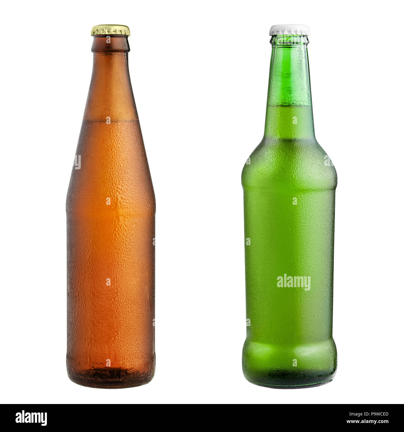 Glas Flasche braune und grüne Farbe, Freisteller, kaltes Bier, Stockfoto