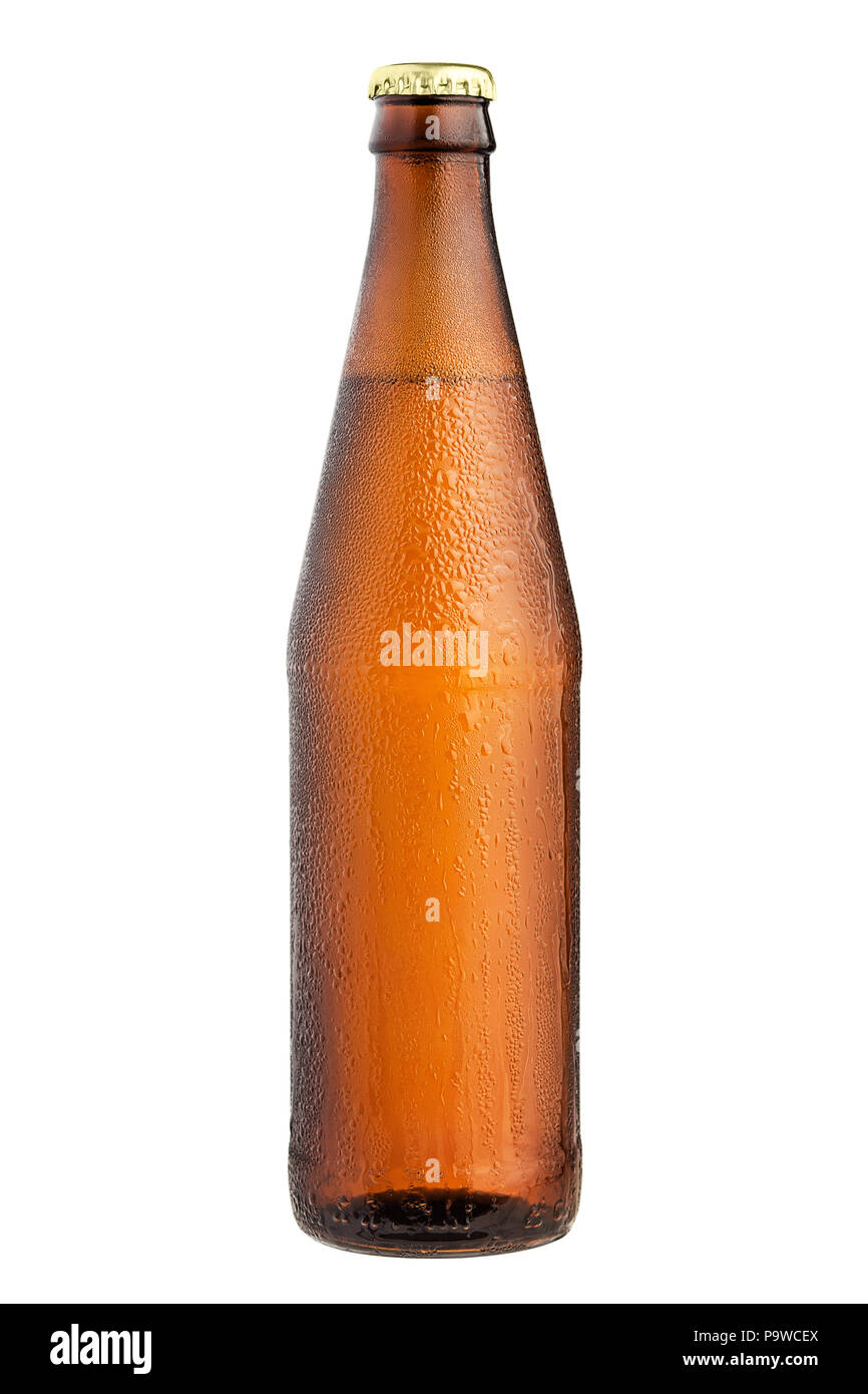 Glas Flasche Braun, Freisteller, kaltes Bier, Wassertropfen auf Stockfoto