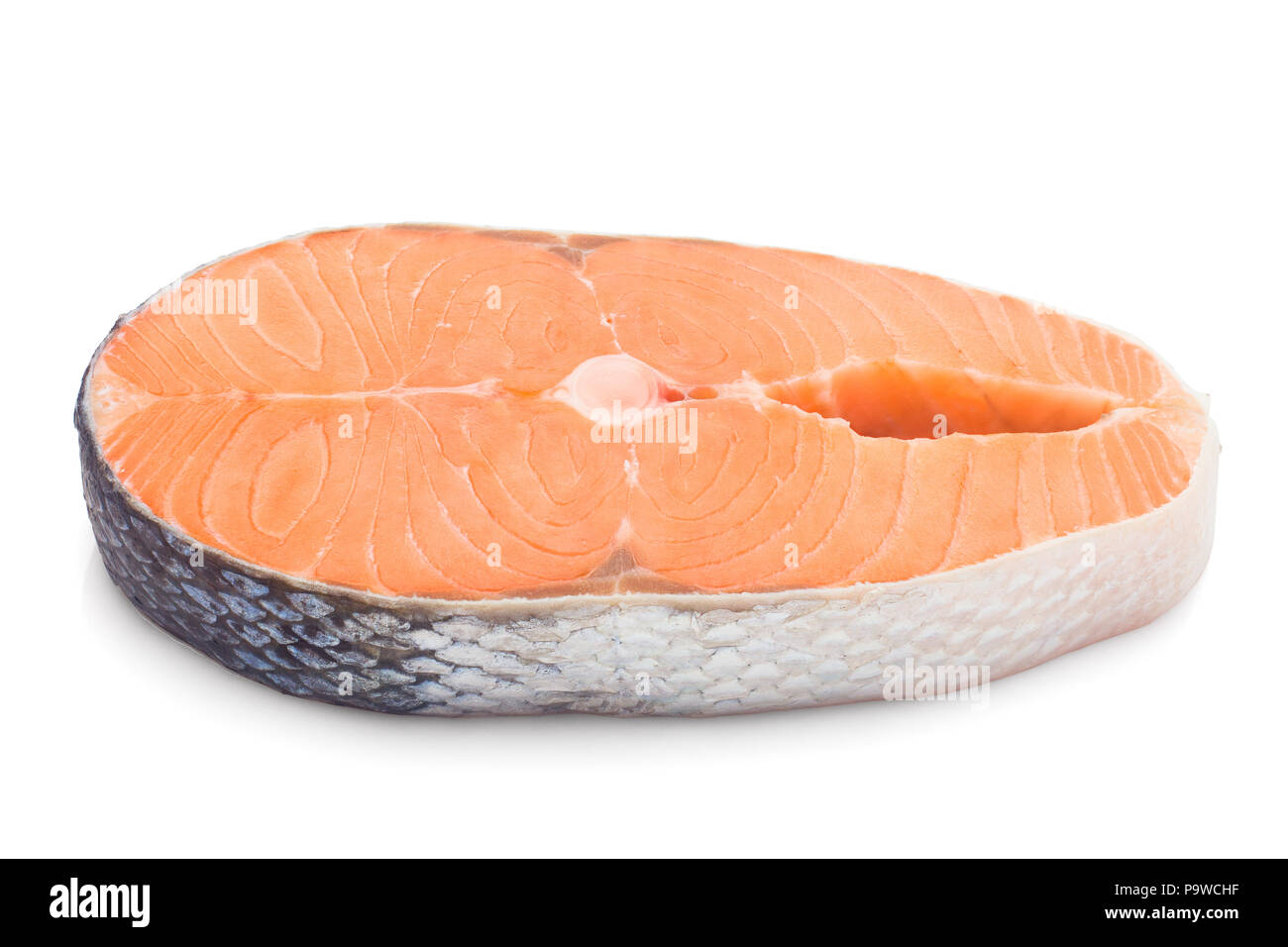 Ein Stück frischen, rohen Lachs Fisch auf einem weißen Hintergrund, Stockfoto