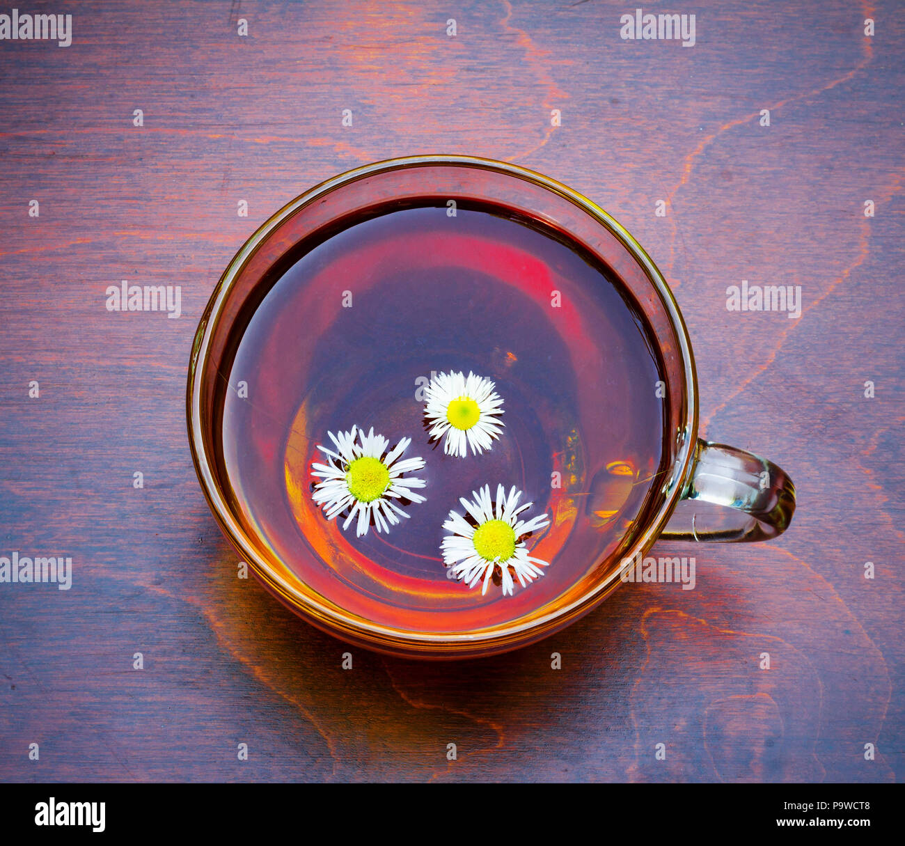 Eine nette Tasse Tee mit Gänseblümchen auf einem dunklen Holztisch, Nahaufnahme, Ansicht von oben Stockfoto