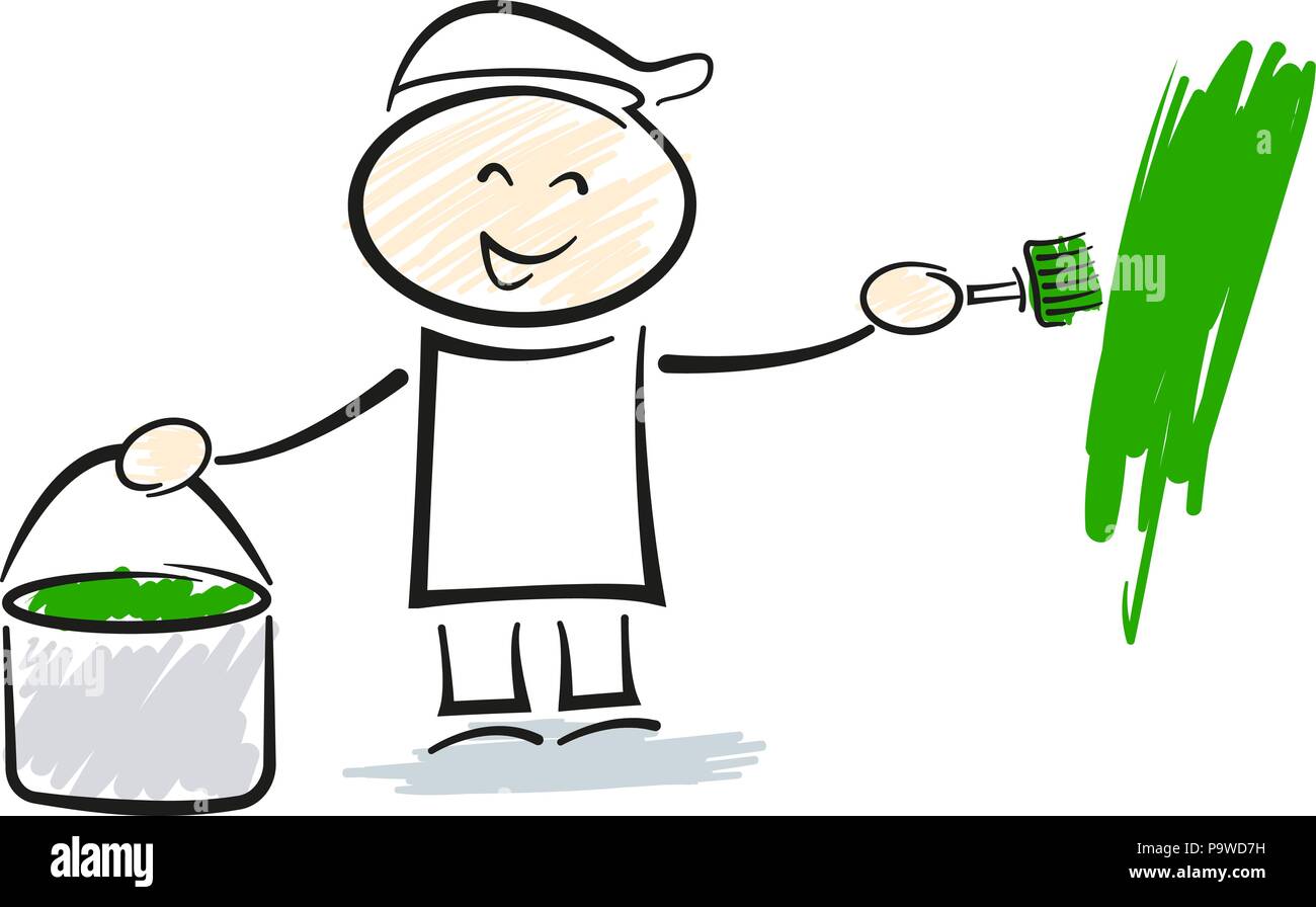 Stickman Maler mit Pinsel und Farbeimer Stock Vektor