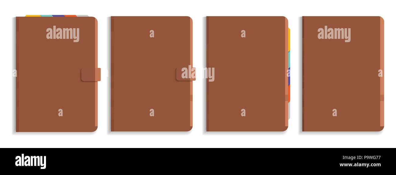 Satz von Vektorgrafiken aus braunem Leder Tagebuch mit bunten Lesezeichen, auf weißem Hintergrund Stock Vektor