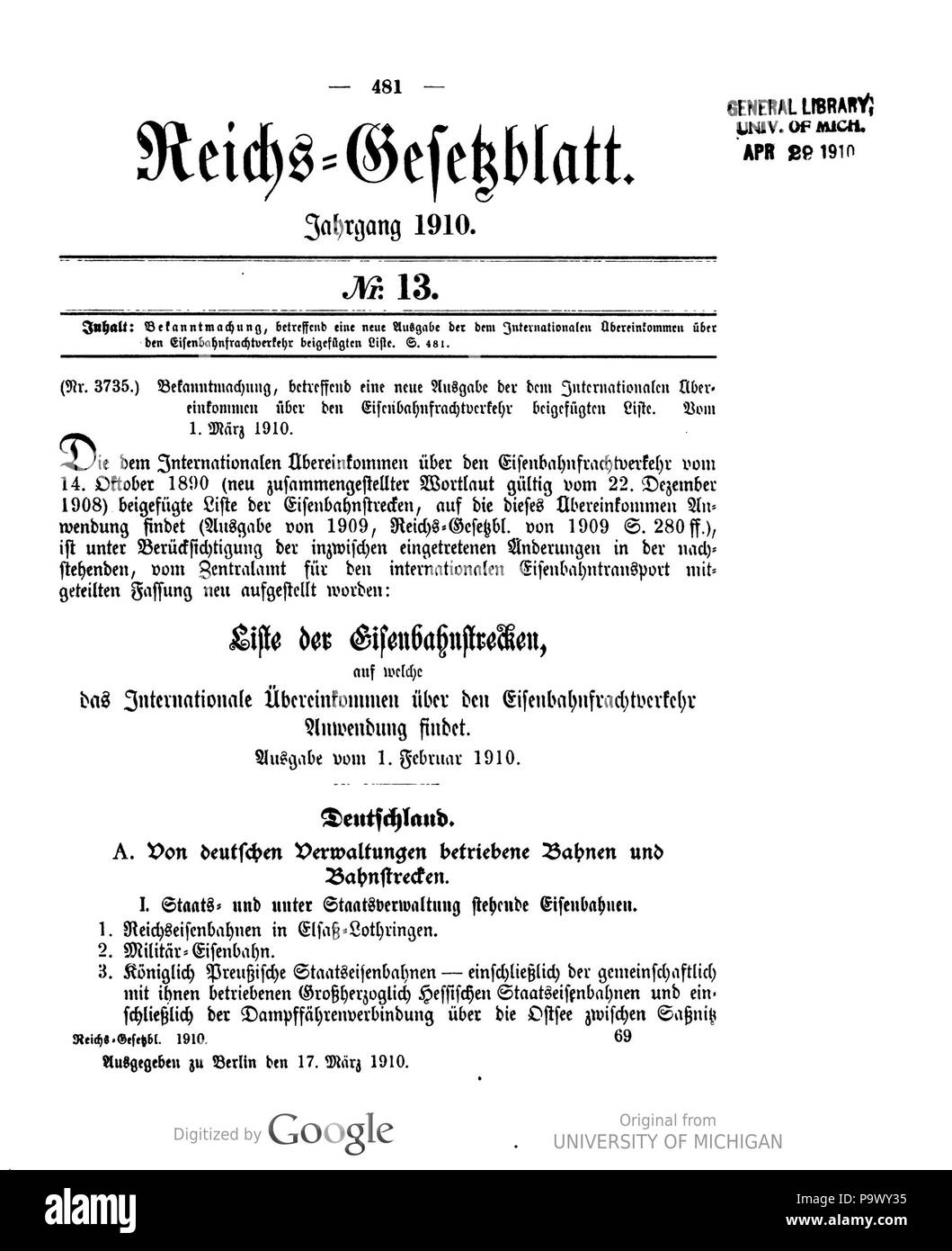 437 Deutsches Reichsgesetzblatt 1910 013 0481 Stockfoto