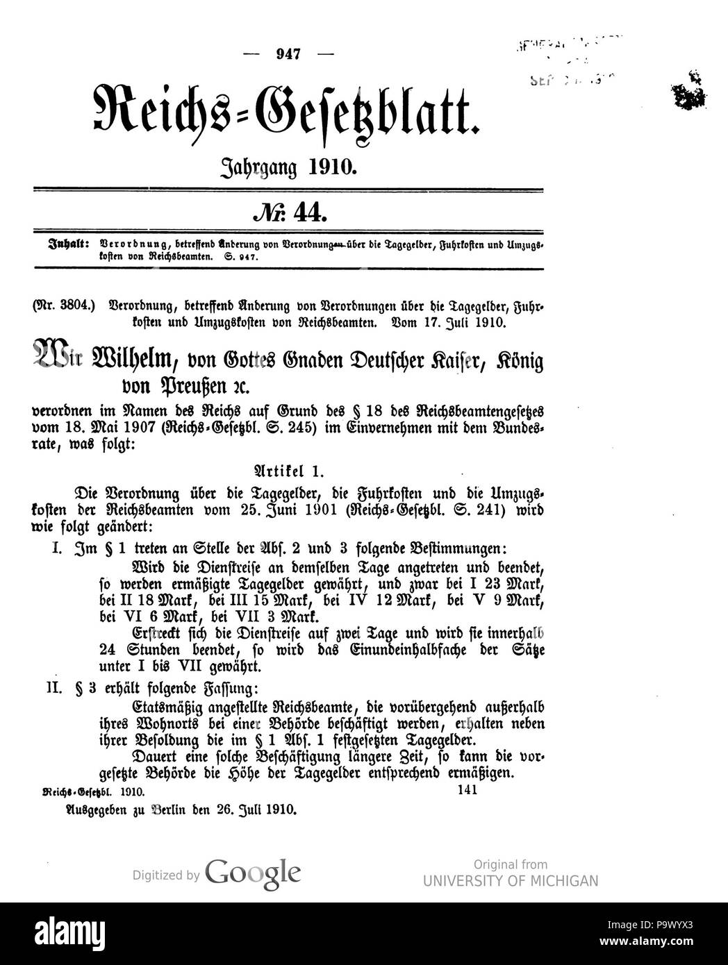 440 Deutsches Reichsgesetzblatt 1910 0440947 Stockfoto