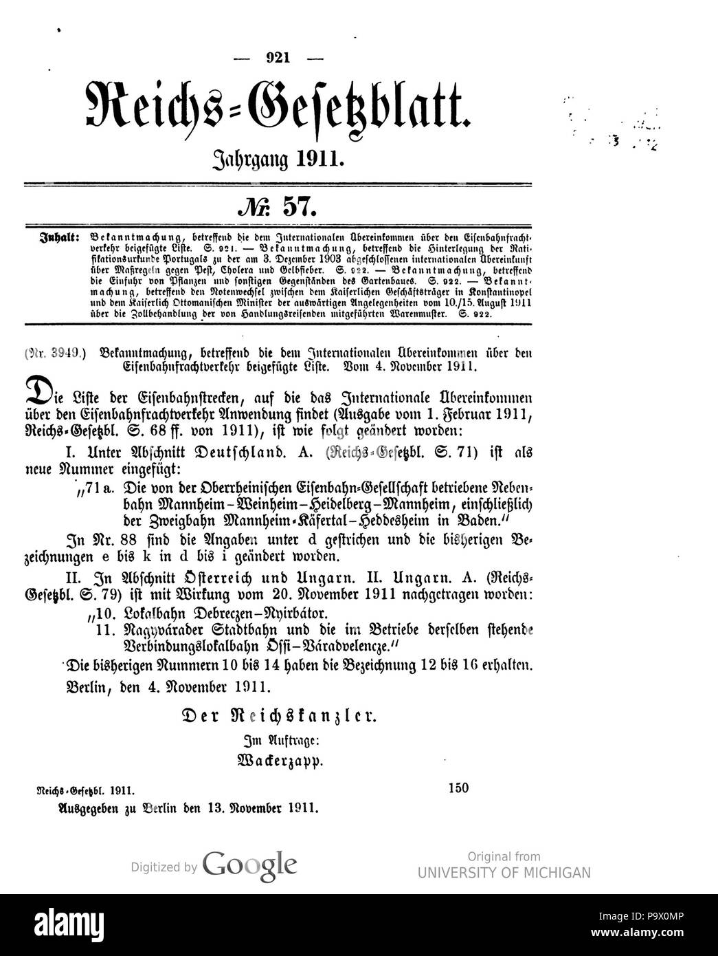 446 Deutsches Reichsgesetzblatt 1911 057 0921 Stockfoto