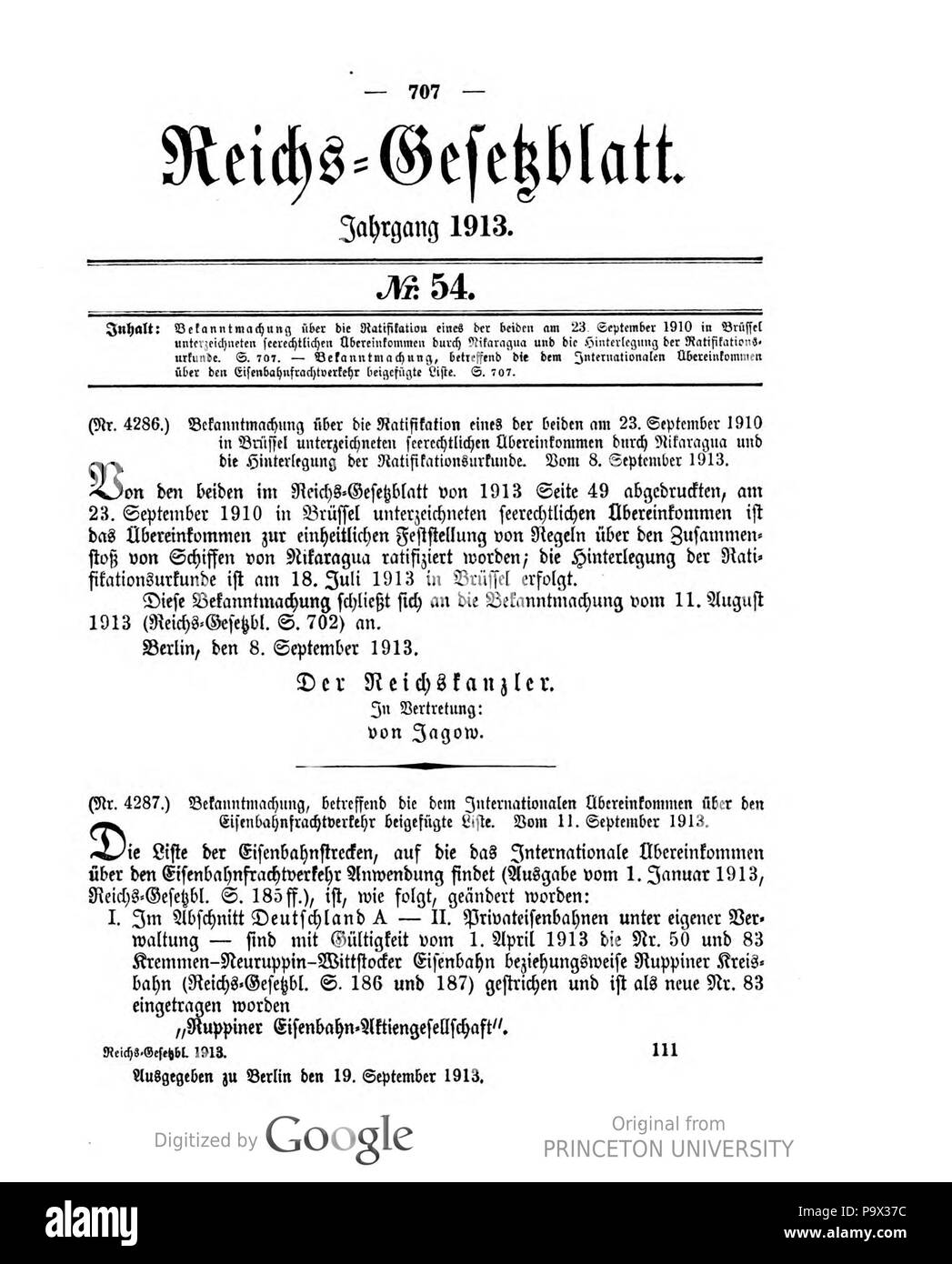 454 Deutsches Reichsgesetzblatt 1913 054 707 Stockfoto