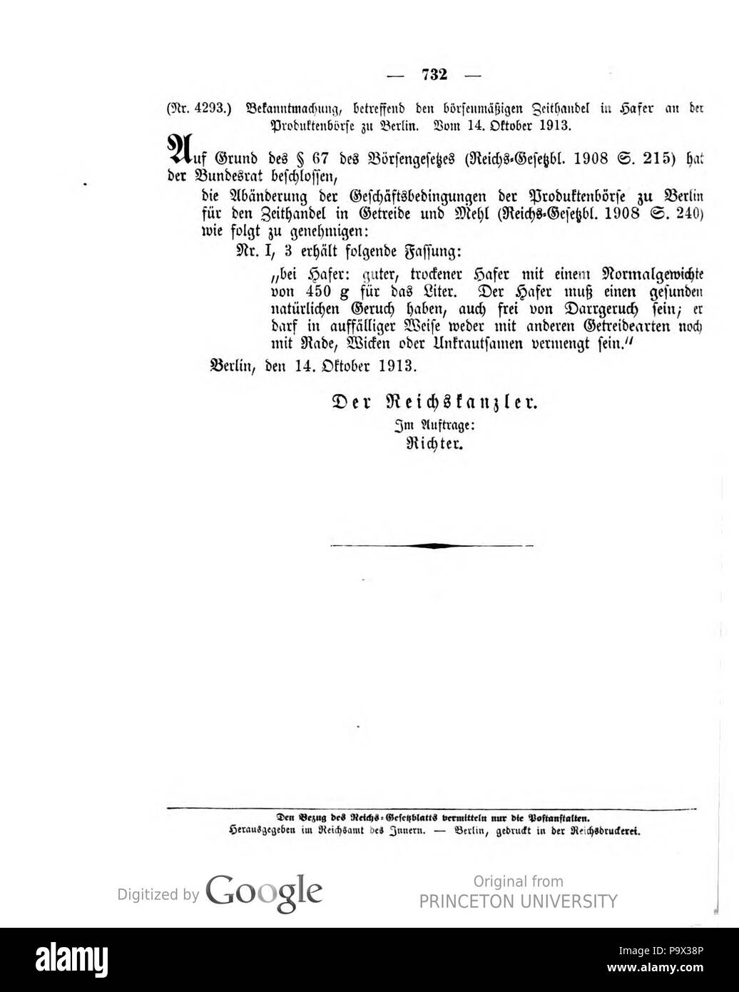 454 Deutsches Reichsgesetzblatt 1913 058 732 Stockfoto