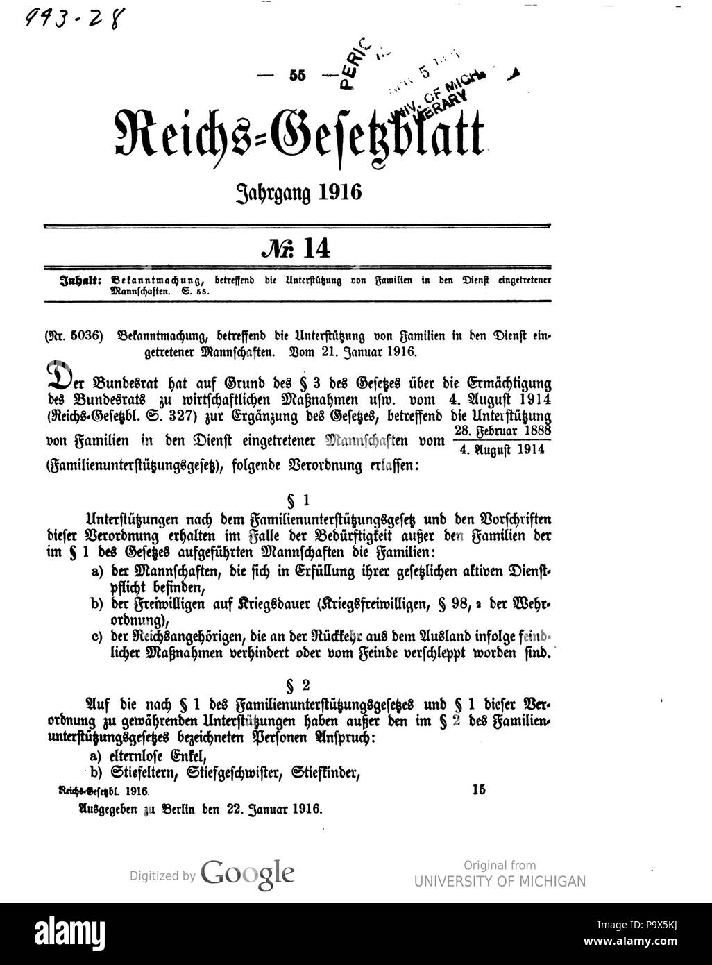 463 Deutsches Reichsgesetzblatt 1916 014 0055 Stockfoto