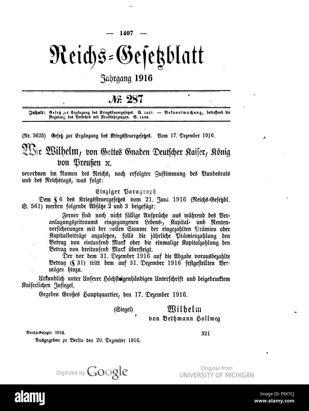 470 Deutsches Reichsgesetzblatt 1916 287 1407 Stockfoto