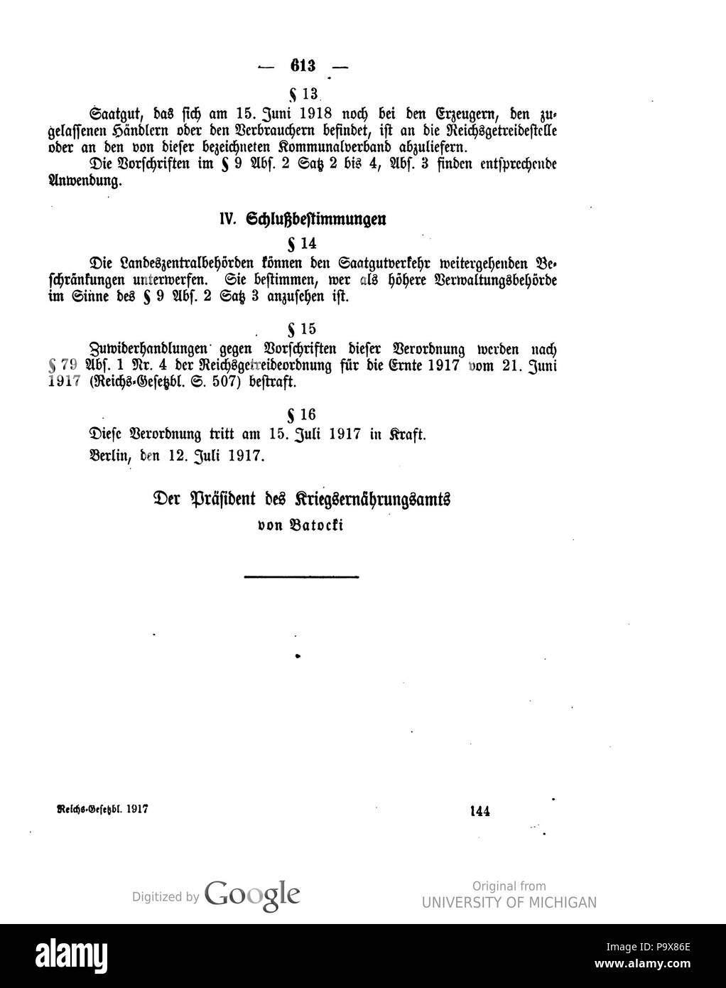 474 Deutsches Reichsgesetzblatt 1917 130 0613 Stockfoto