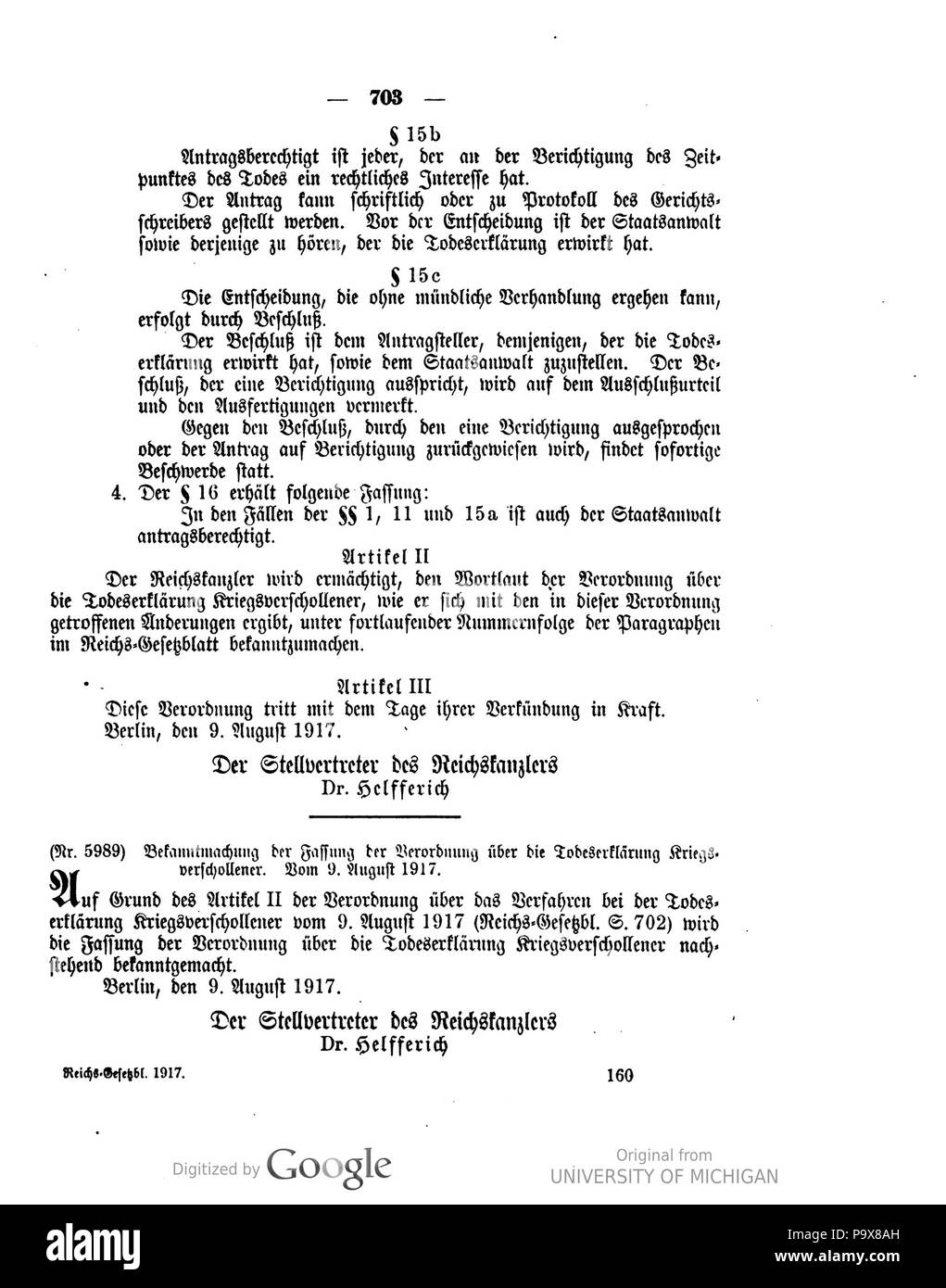 474 Deutsches Reichsgesetzblatt 1917 143 0703 Stockfoto